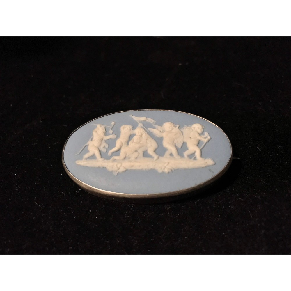 Antique 1850s Wedgwood Solid Jasperware Pale Blue Sterling Silver Brooch England